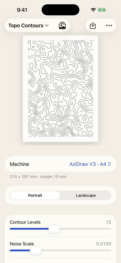 The Forgeplot editor on iPhone: a topographic contour drawing on a sheet of paper above sliders for contour levels and noise scale.