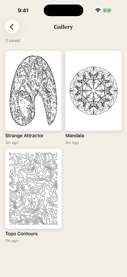 The Forgeplot gallery on iPhone: a grid of saved pieces with thumbnails and the dates they were made.