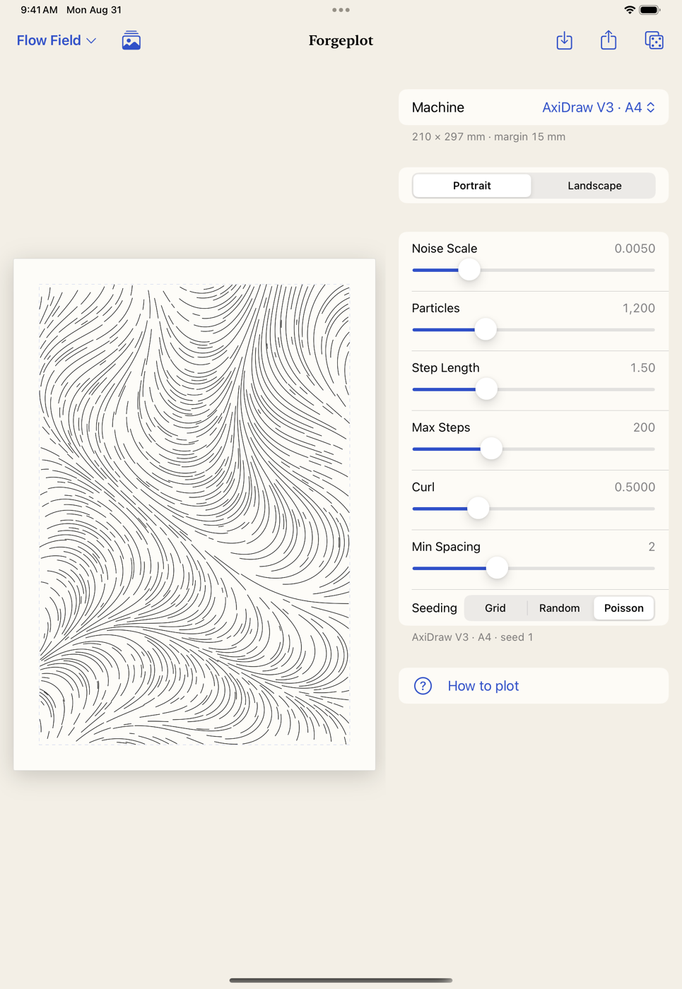 Forgeplot on iPad: a flow-field drawing fills the left half of the screen while the generator's controls sit in a column on the right.