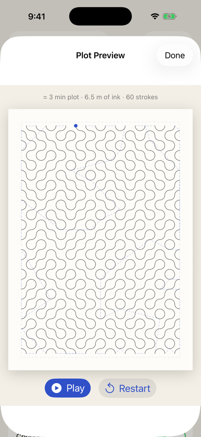 Forgeplot's plot preview on iPhone, showing a Truchet tile pattern with the estimate: about 3 minutes of plotting, 6.5 metres of ink, 60 strokes.